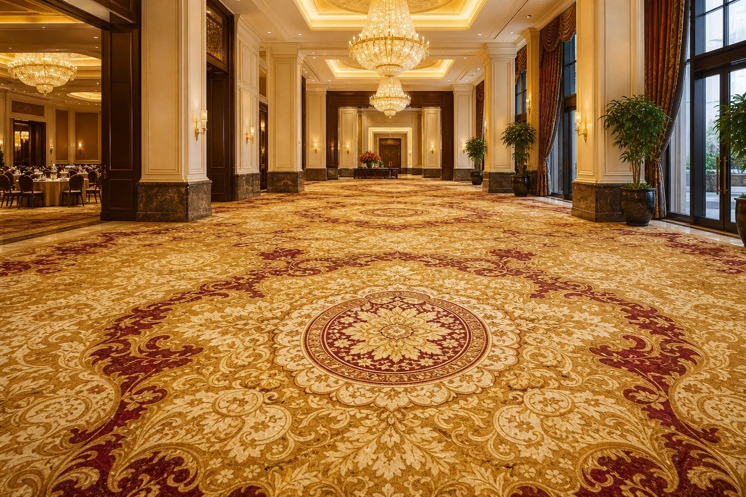 Large-scale printed broadloom carpet in a grand hotel lobby and ballroom