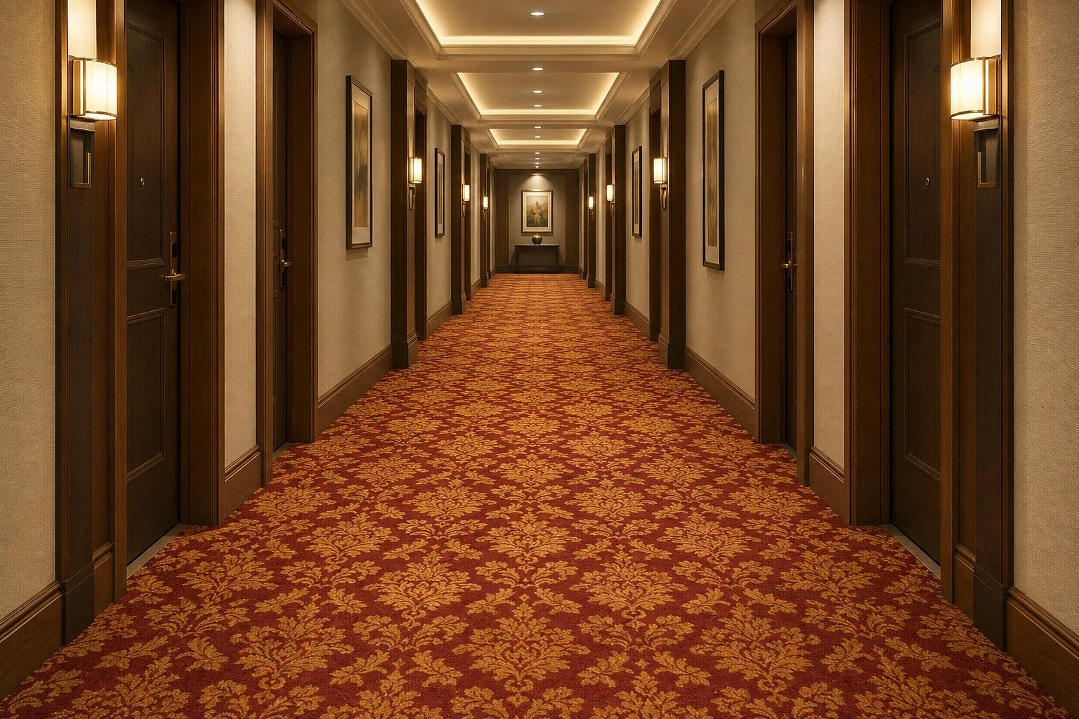 Hotel corridor with patterned commercial carpet