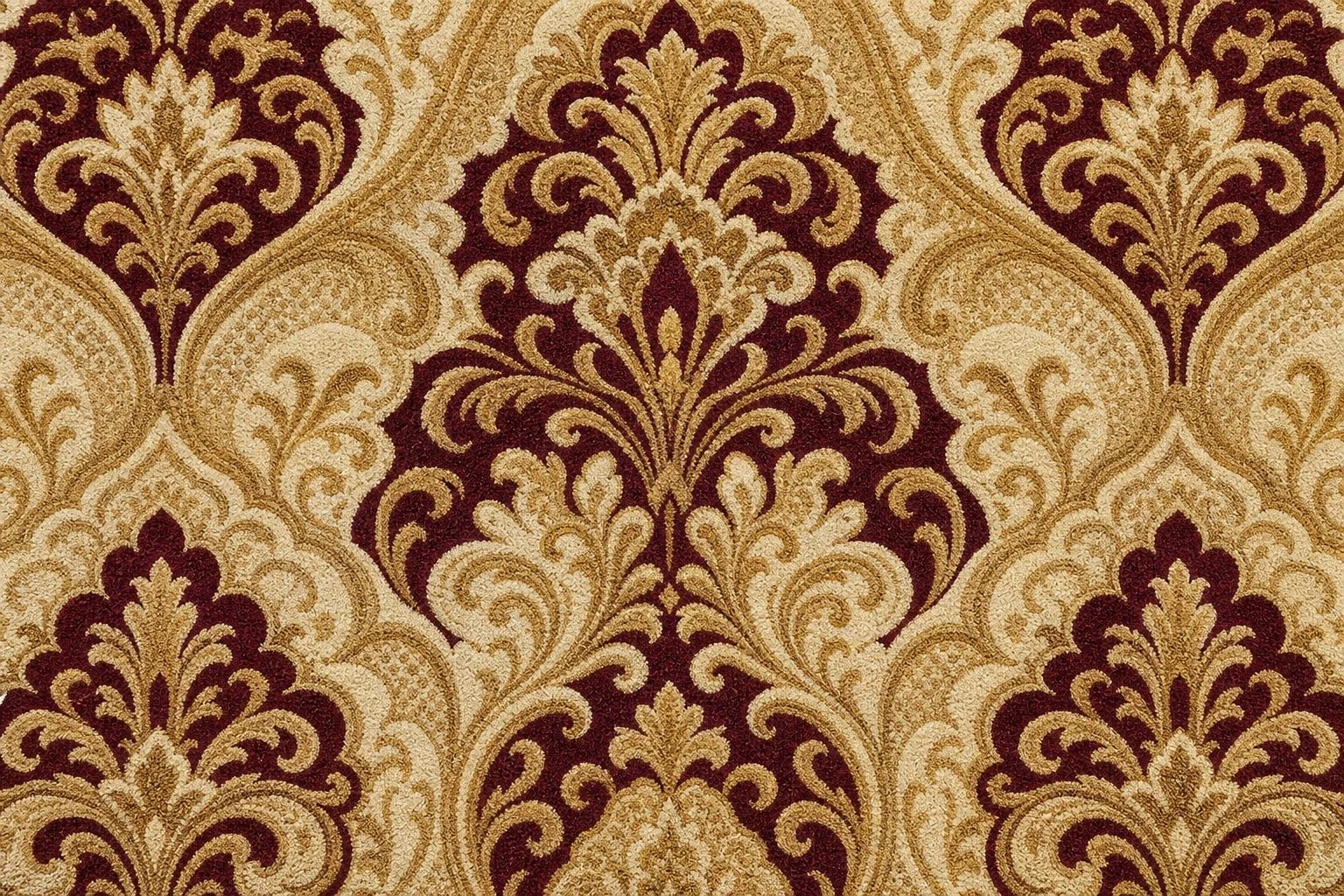 3D HD printed nylon hotel carpet swatch with elegant gold and burgundy pattern by VCARPETS