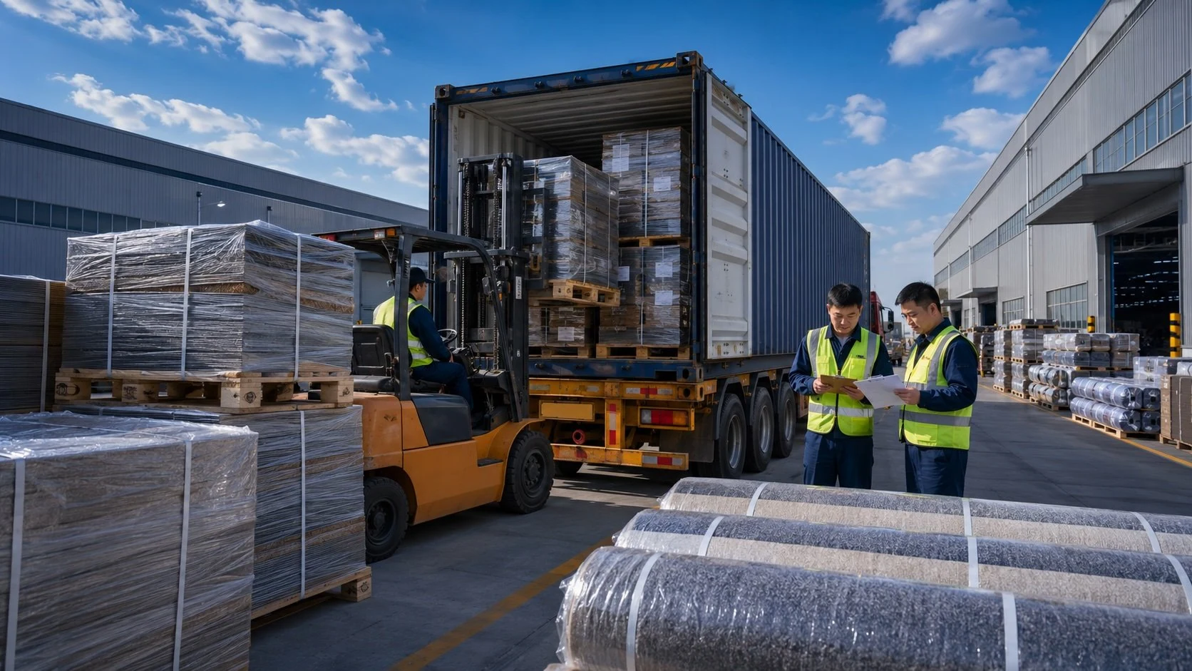 Export logistics loading of commercial carpets at VCARPETS factory