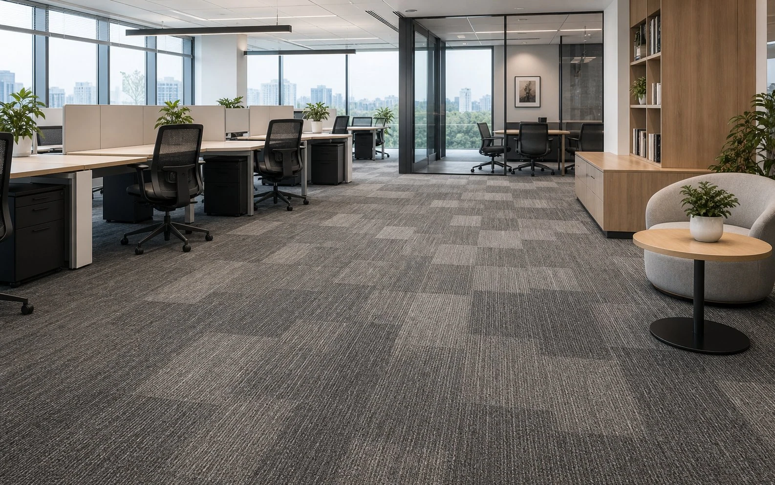 Office carpet zoning and tonal progression across workplace areas