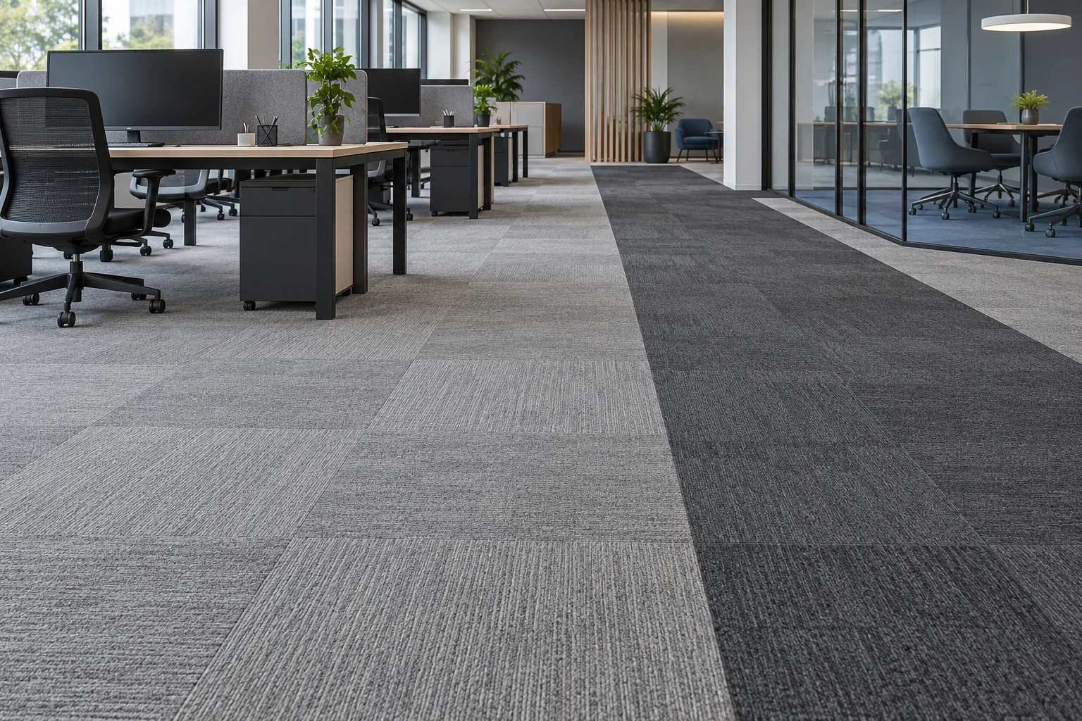 Illustrative open-plan office carpet tile zoning with workstations and a meeting room
