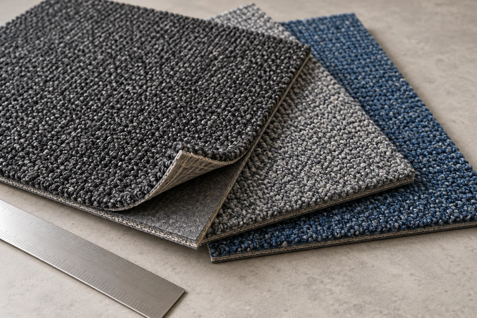 Generic loop-pile carpet tile samples showing face texture and a lifted corner at the backing