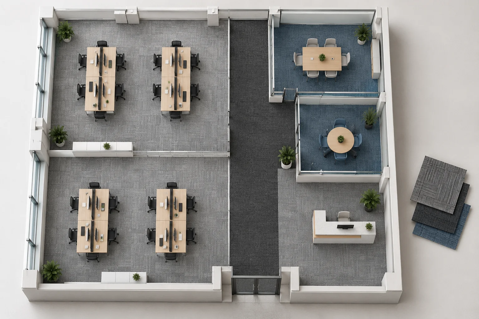 Top-down illustrative office model showing workstation, meeting and circulation carpet zones