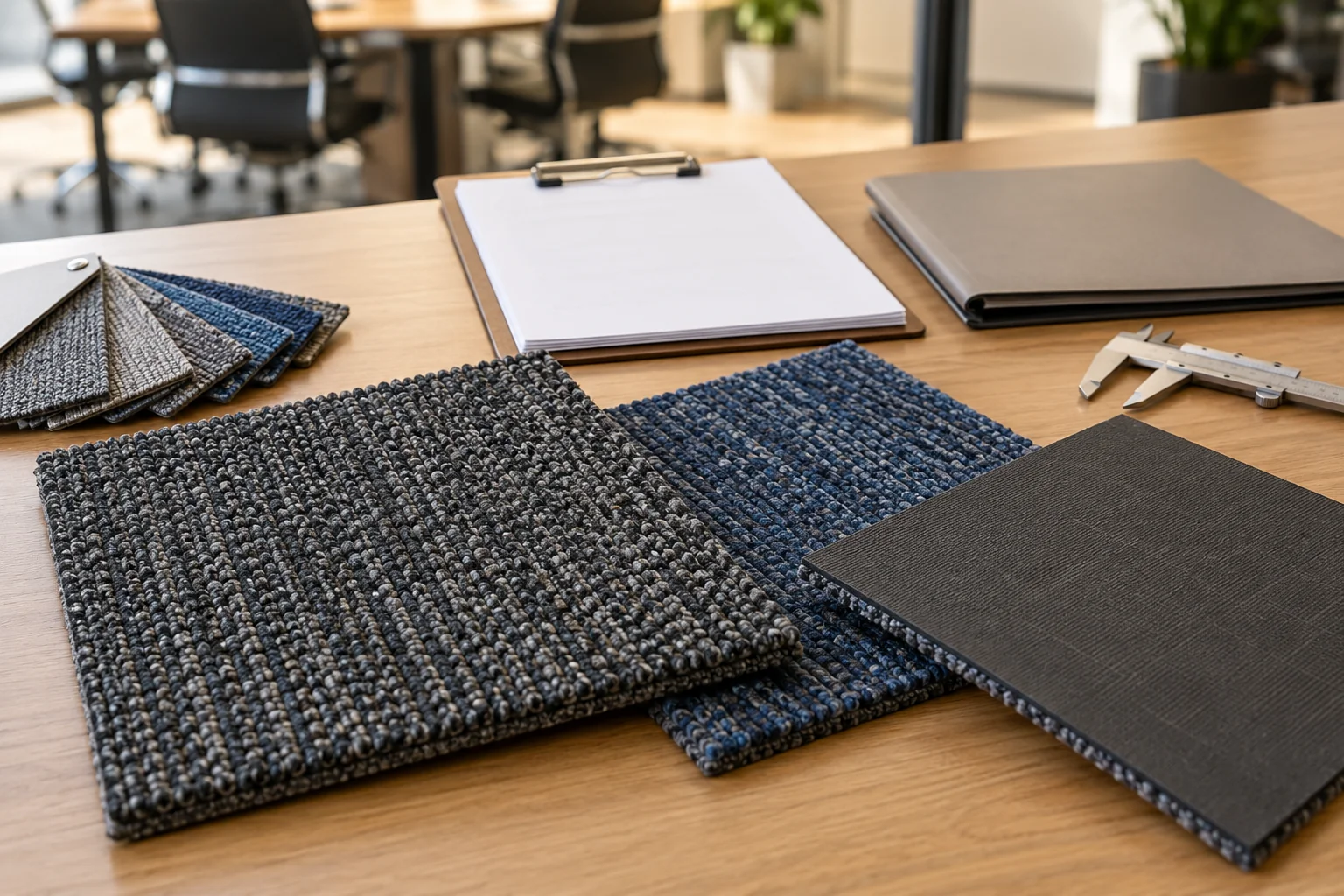 Illustrative carpet samples and neutral paperwork arranged for specification review