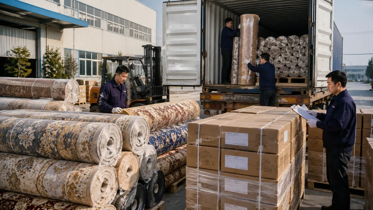 Illustrative export planning scene with commercial carpet rolls, packed cartons and container loading