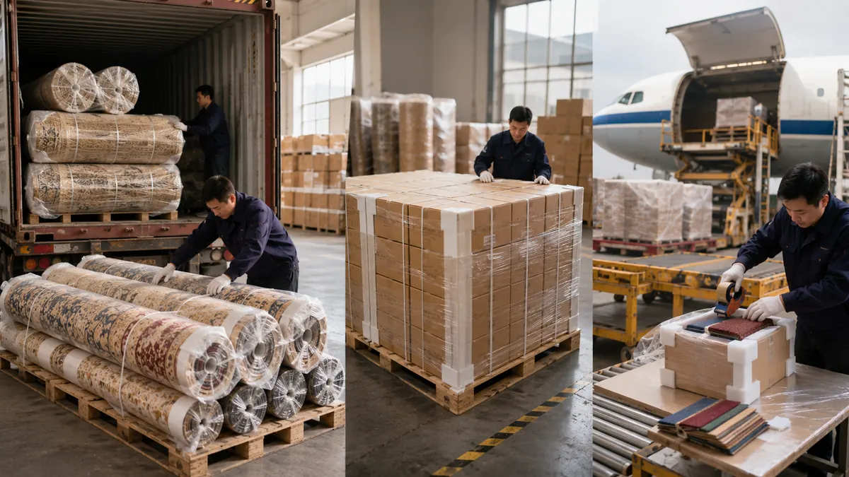 Illustrative comparison of carpet rolls, palletised cartons and air or ocean cargo planning