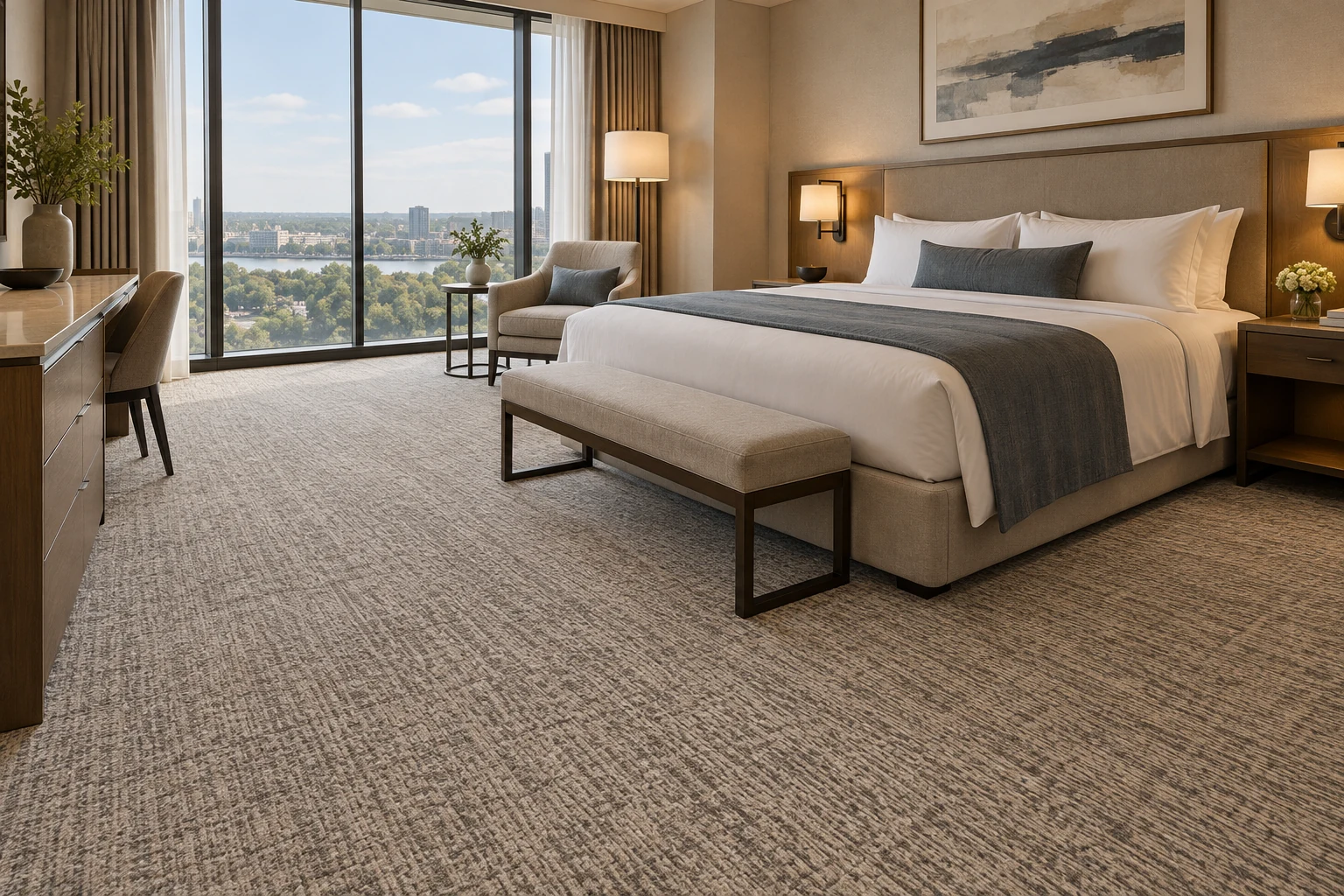 Illustrative hotel guestroom with neutral patterned wall-to-wall carpet around the bed and seating