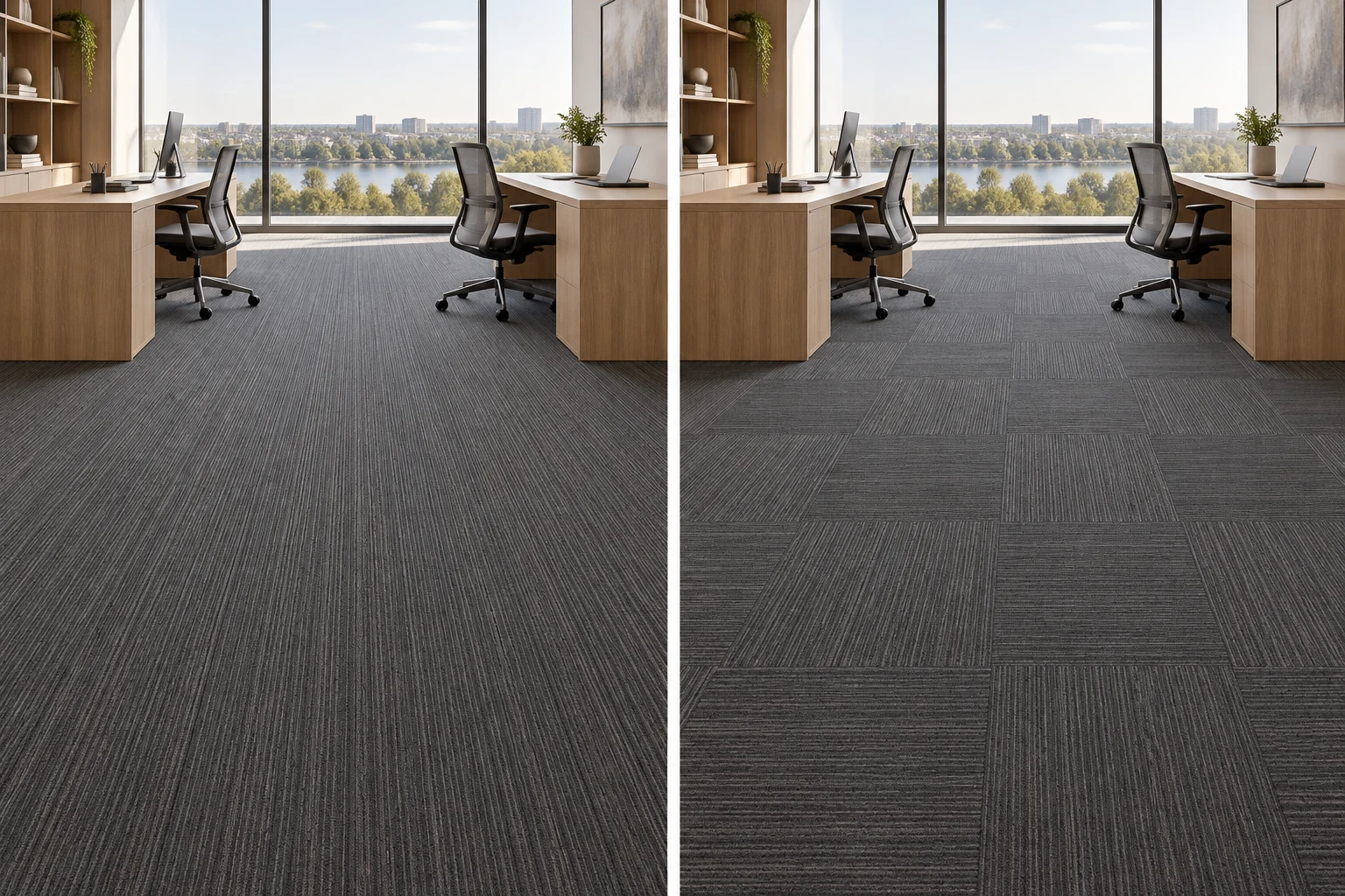 Two office layout concepts using one illustrative carpet tile texture