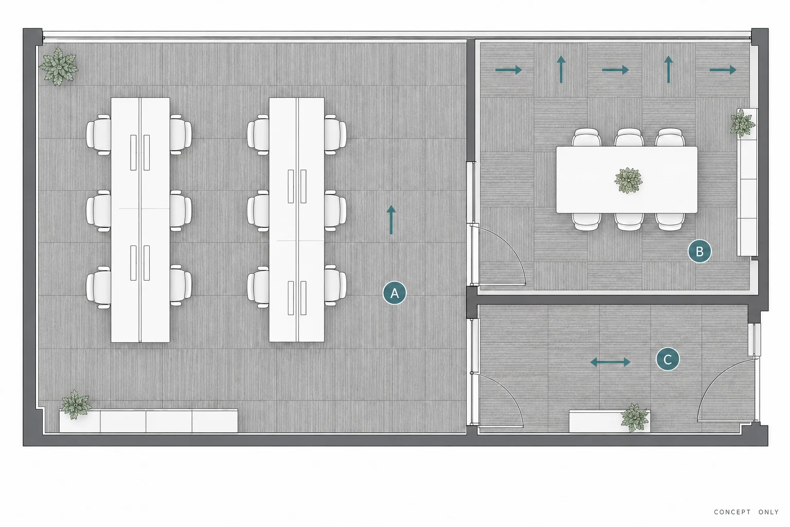 Illustrative office approval plan with direction arrows and separate zone boundaries