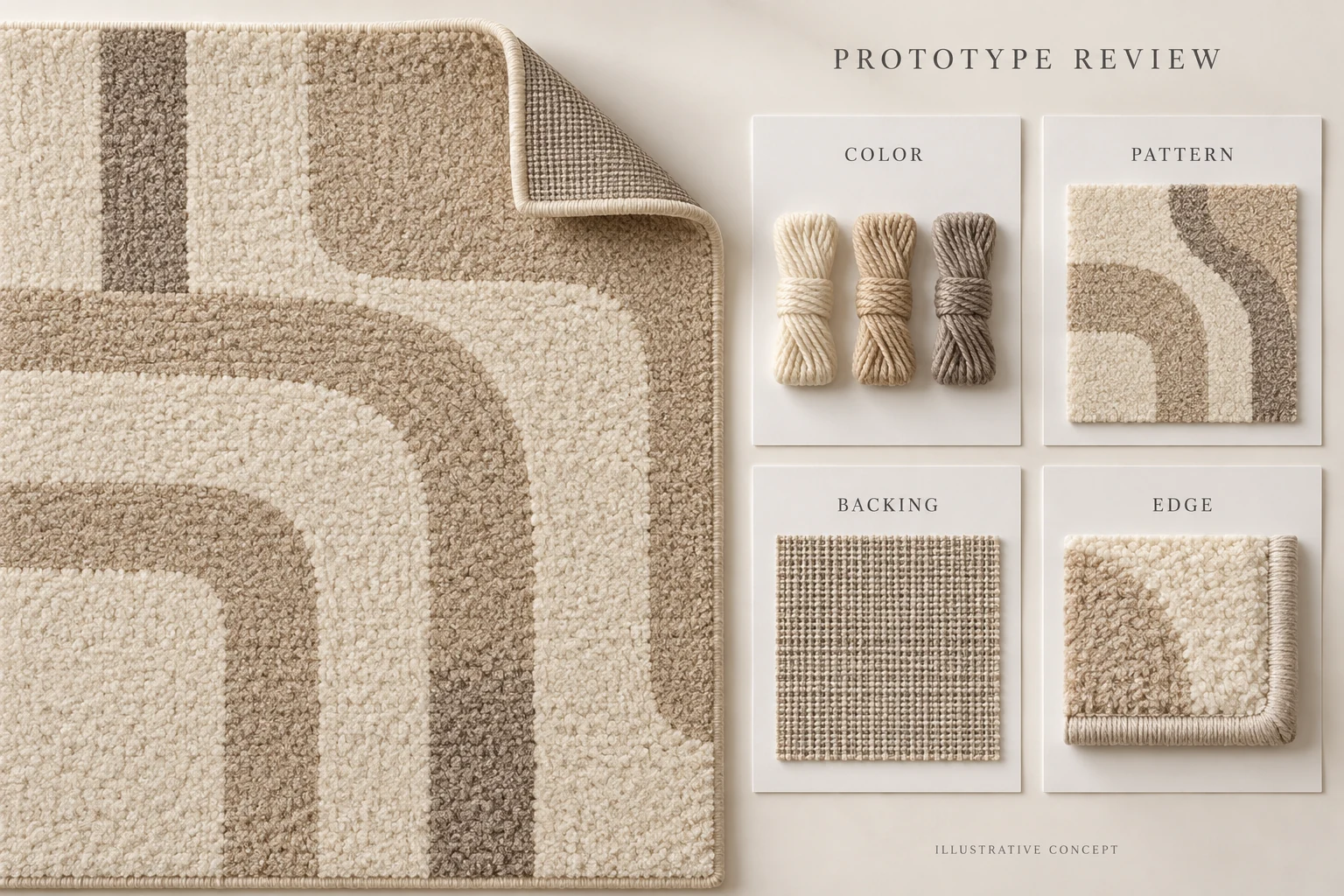 Rug prototype concept board with a curled corner and color, pattern, backing and edge review samples