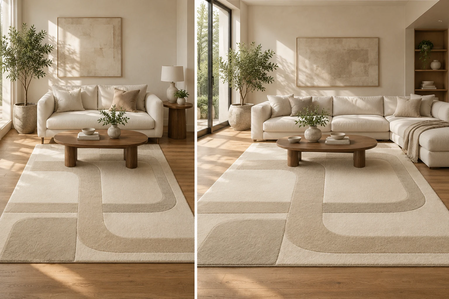Coordinated sculpted rug concepts in two residential and furniture showroom settings