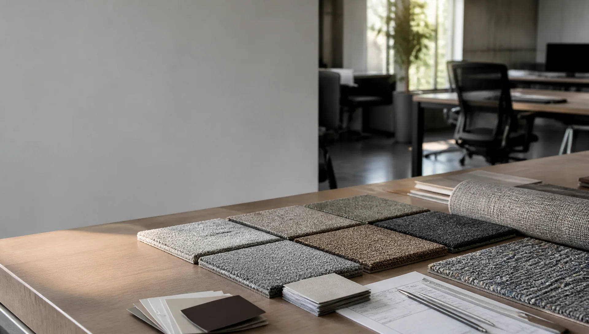 Commercial carpet samples, specification sheets and project notes arranged for supplier verification