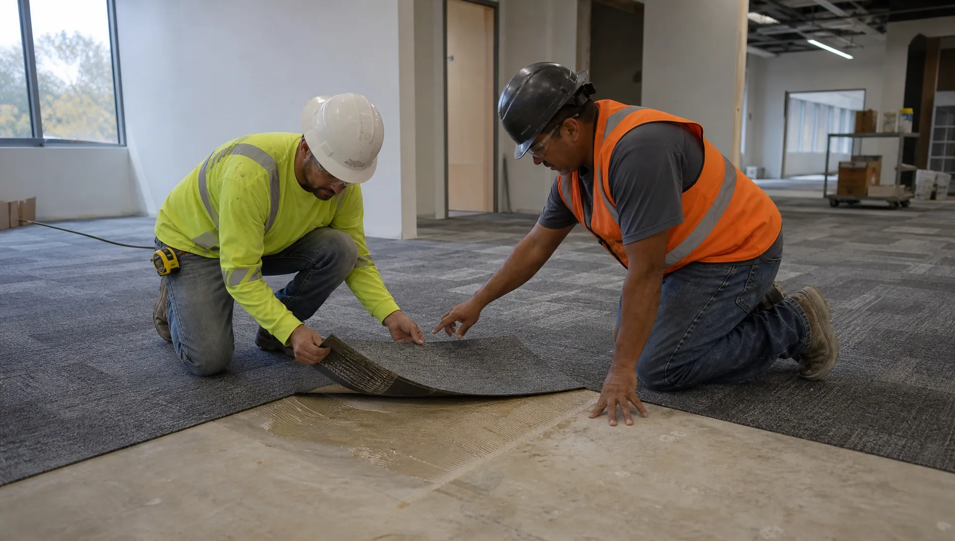 Installer checking commercial carpet sample direction and adhesive conditions on site