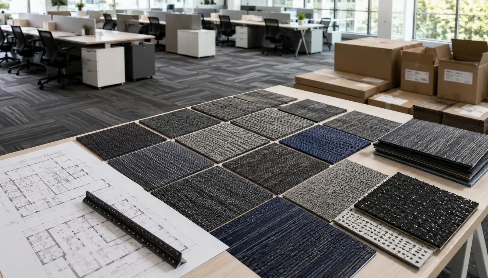 Commercial carpet tile samples, project plans and installed office flooring prepared for MOQ and trial-order review