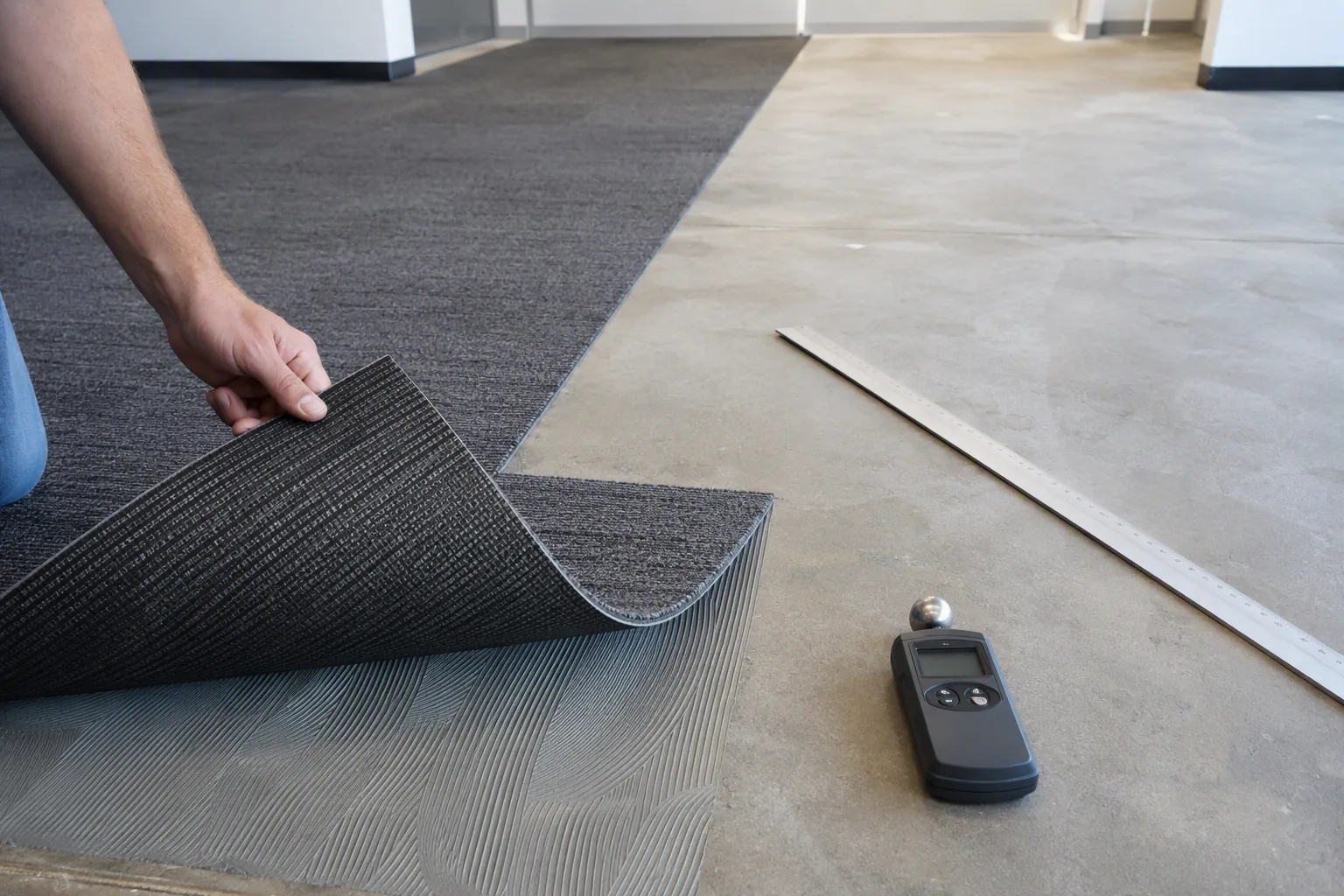 Commercial carpet tile backing and adhesive reviewed over a concrete subfloor