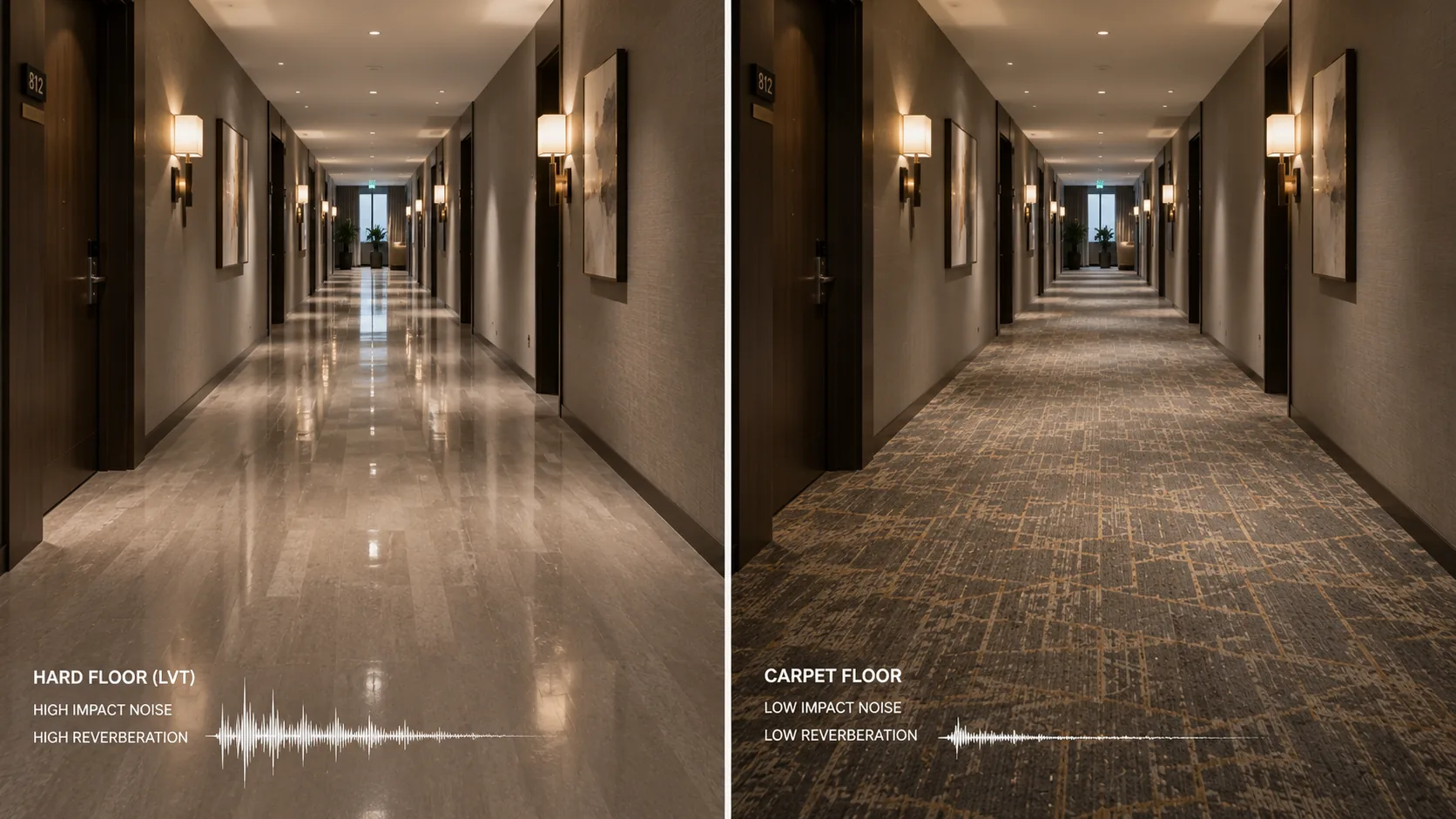 Hotel corridor comparison showing hard flooring with high impact noise and carpet flooring with lower noise