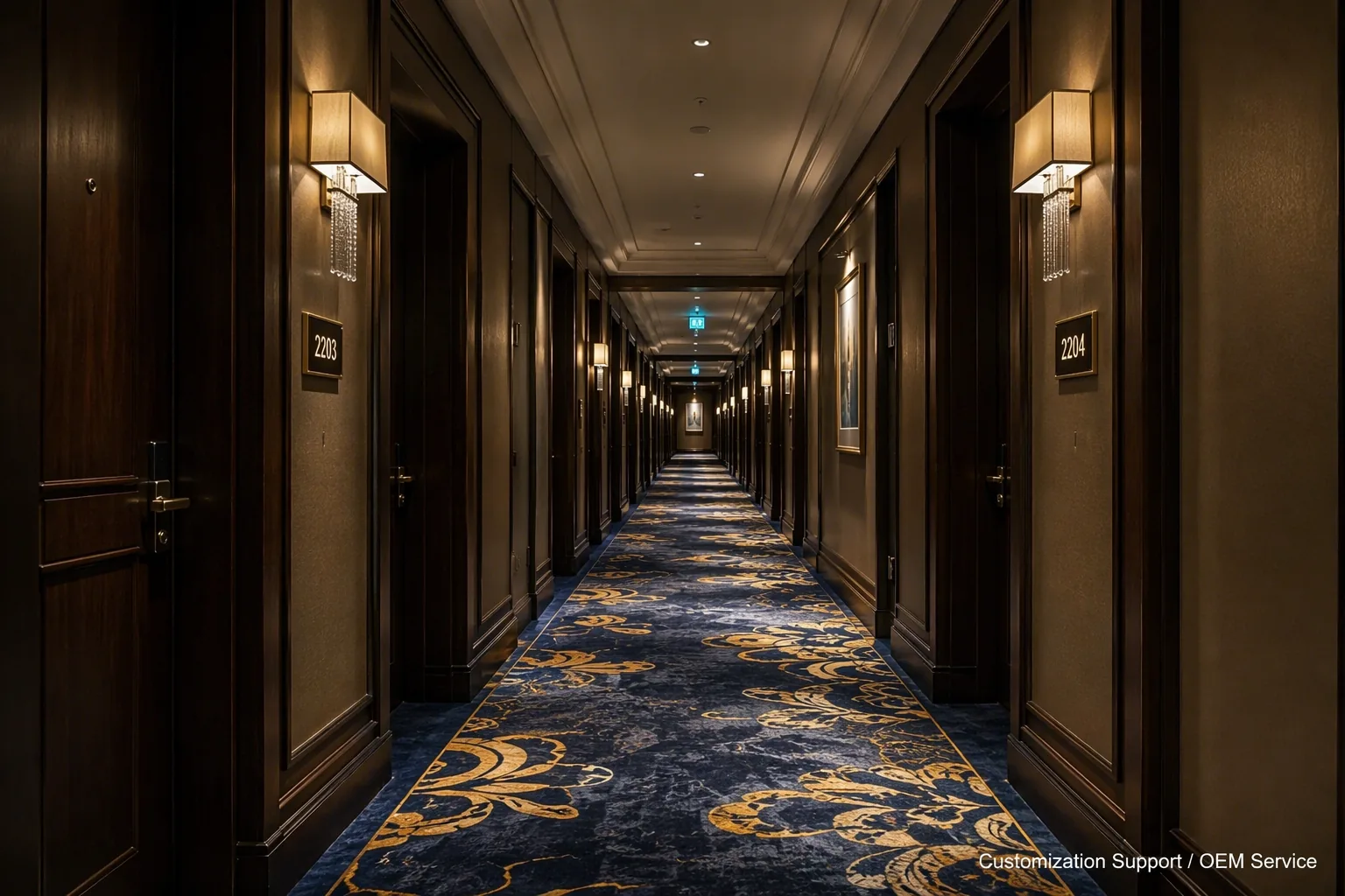 Hotel guestroom corridor fitted with patterned acoustic broadloom carpet