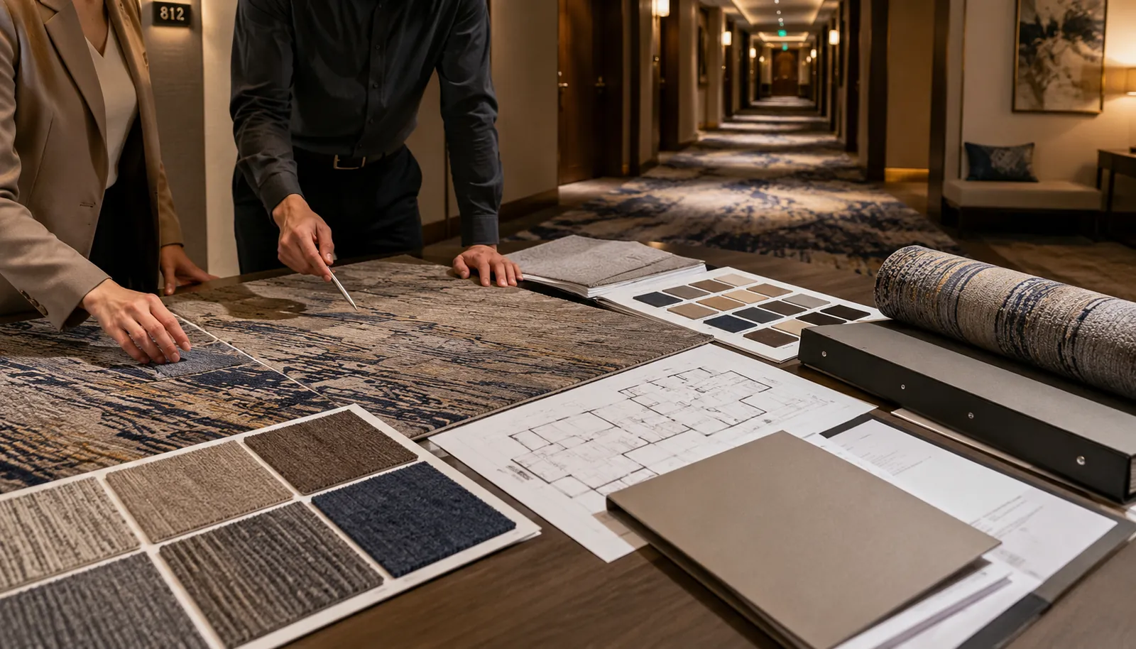 Hotel carpet supplier approval table with broadloom samples, project plans and an installed hospitality corridor
