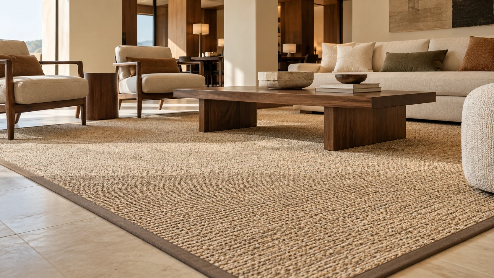 AI-generated hotel lounge concept with a beige woven sisal carpet