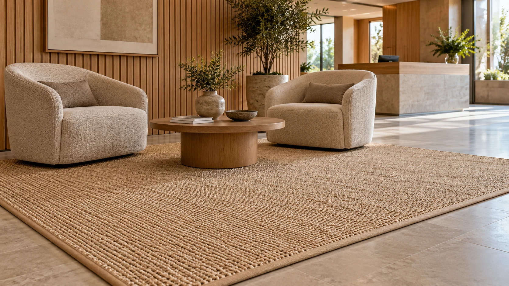 Office reception concept with a beige woven carpet in a protected seating alcove