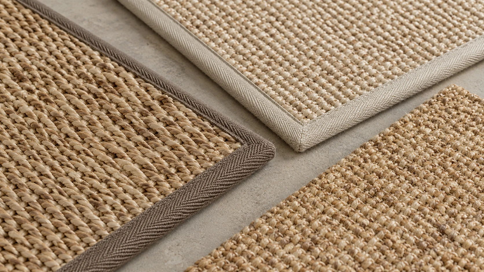 Illustrative natural sisal swatches with different woven textures and bound edge colours
