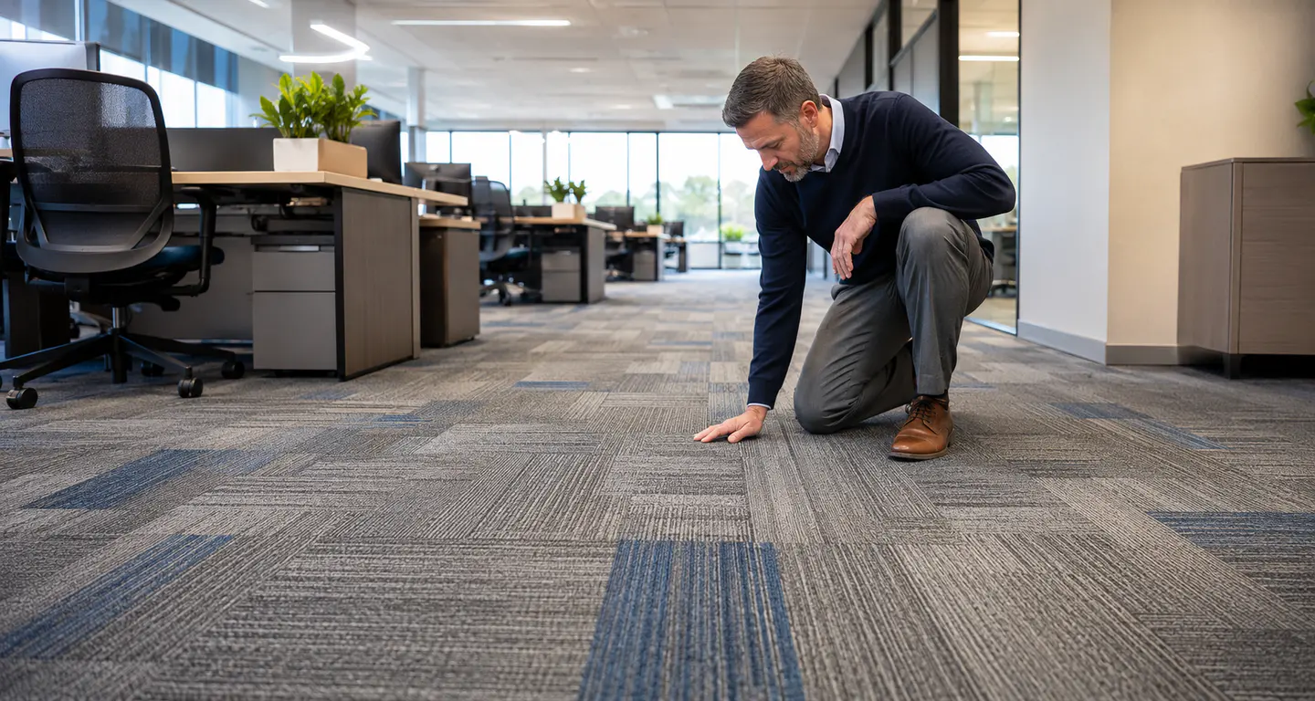 Facility manager inspecting modular office carpet tiles in a modern commercial workspace