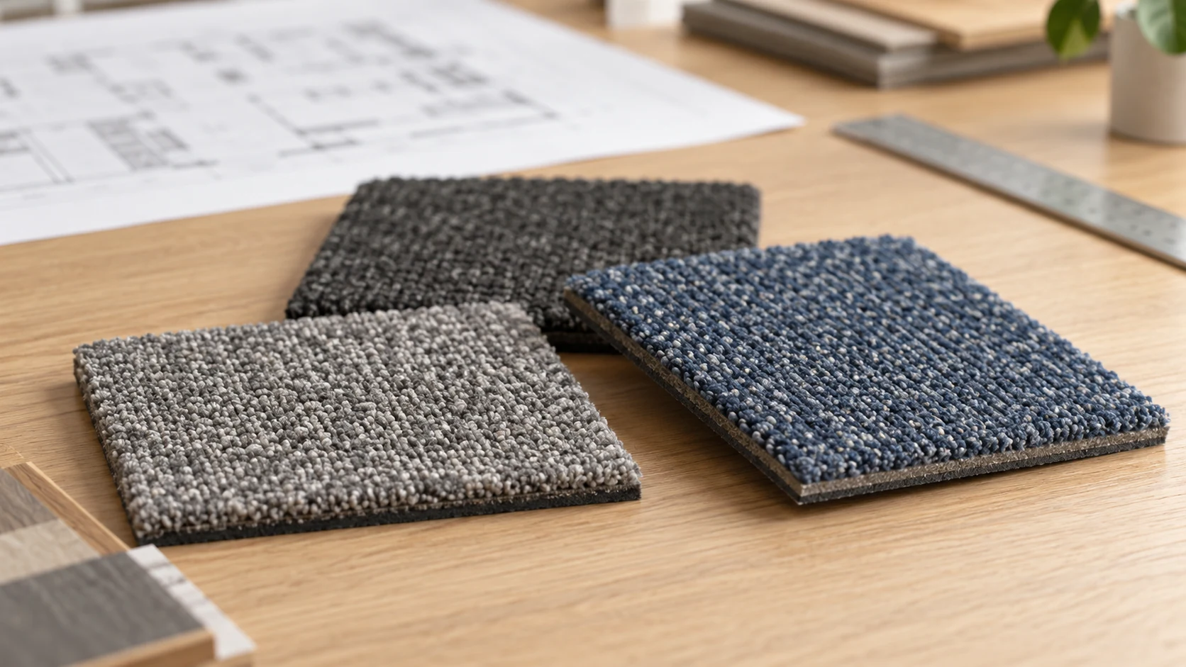 Illustrative grey, charcoal and blue loop carpet swatches with visible backing edges