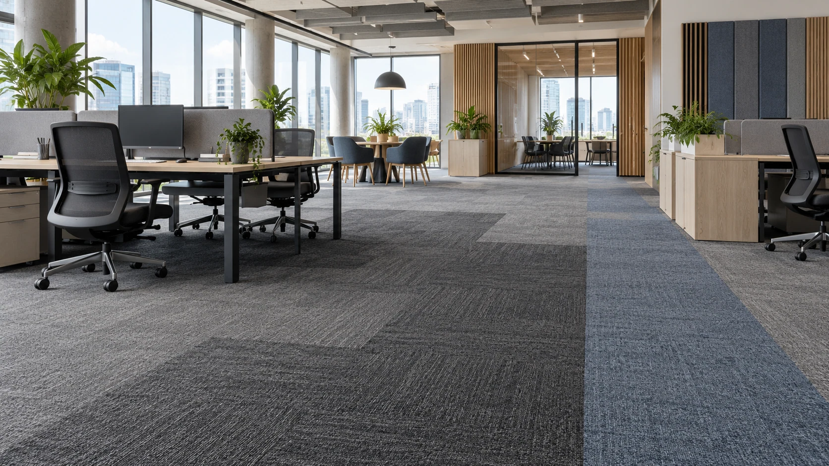AI-generated open-plan office concept with modular grey carpet tiles