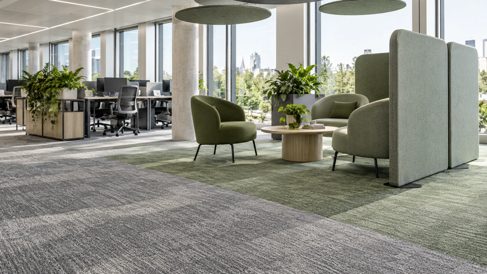 Office design concept showing carpet colour zoning, lounge seating and upholstered screens