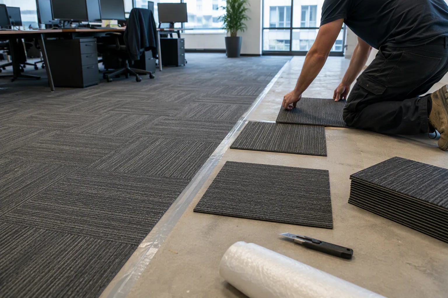 phased office flooring replacement Poland office carpet tile zone planning