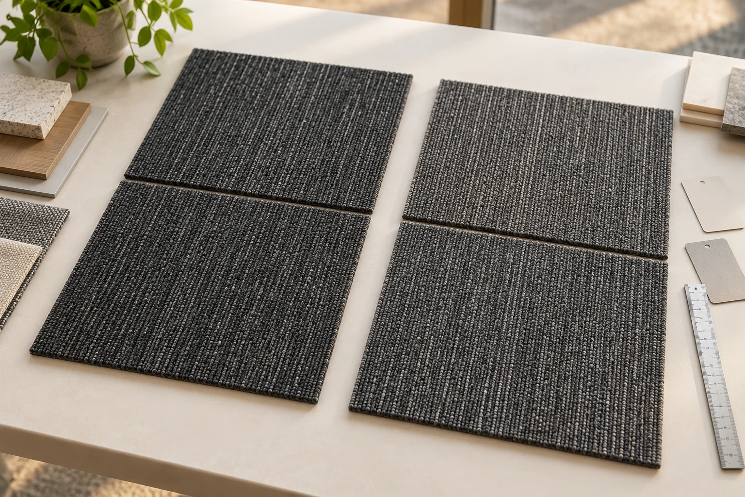 Complete gray carpet tile samples arranged for a hypothetical dye-lot comparison