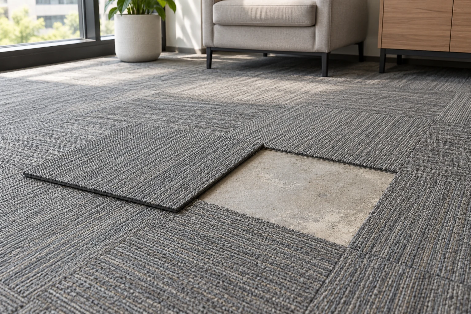 Hypothetical office carpet tile floor showing a replacement square beside a localized opening