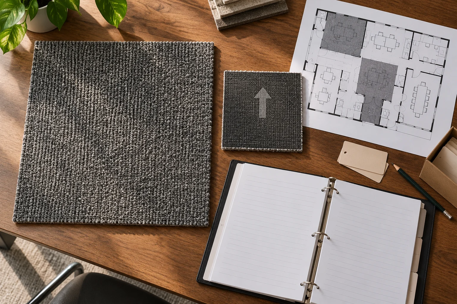 Hypothetical procurement desk connecting a retained carpet sample to a floor plan and stock record