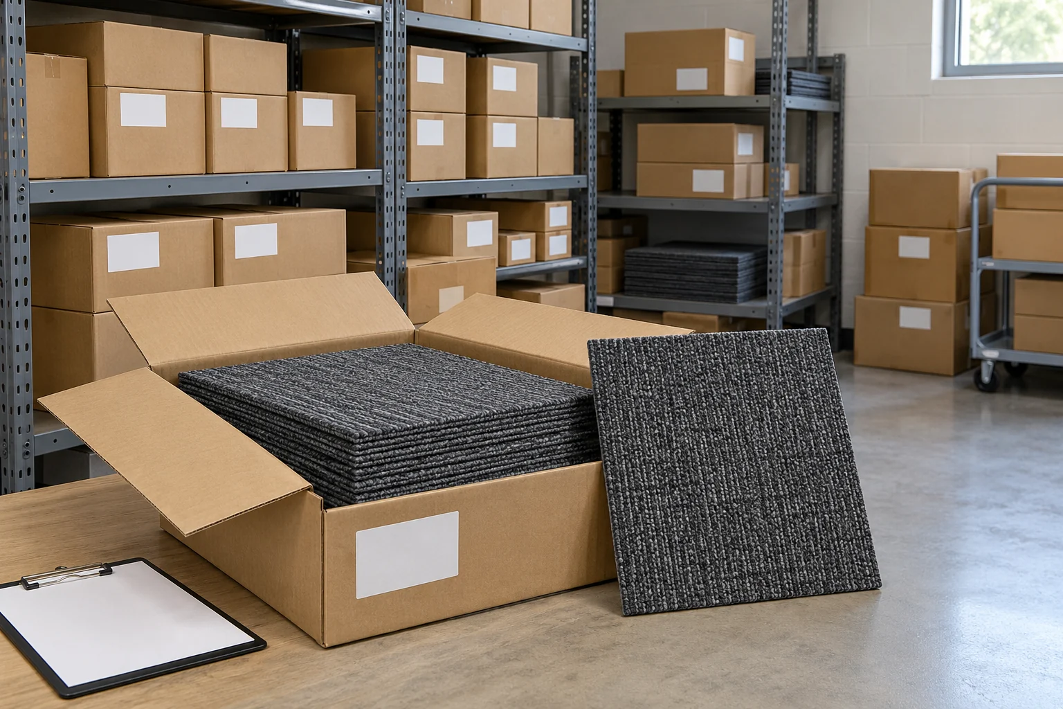 Hypothetical facilities storeroom with separately identified carpet tile reserve cartons
