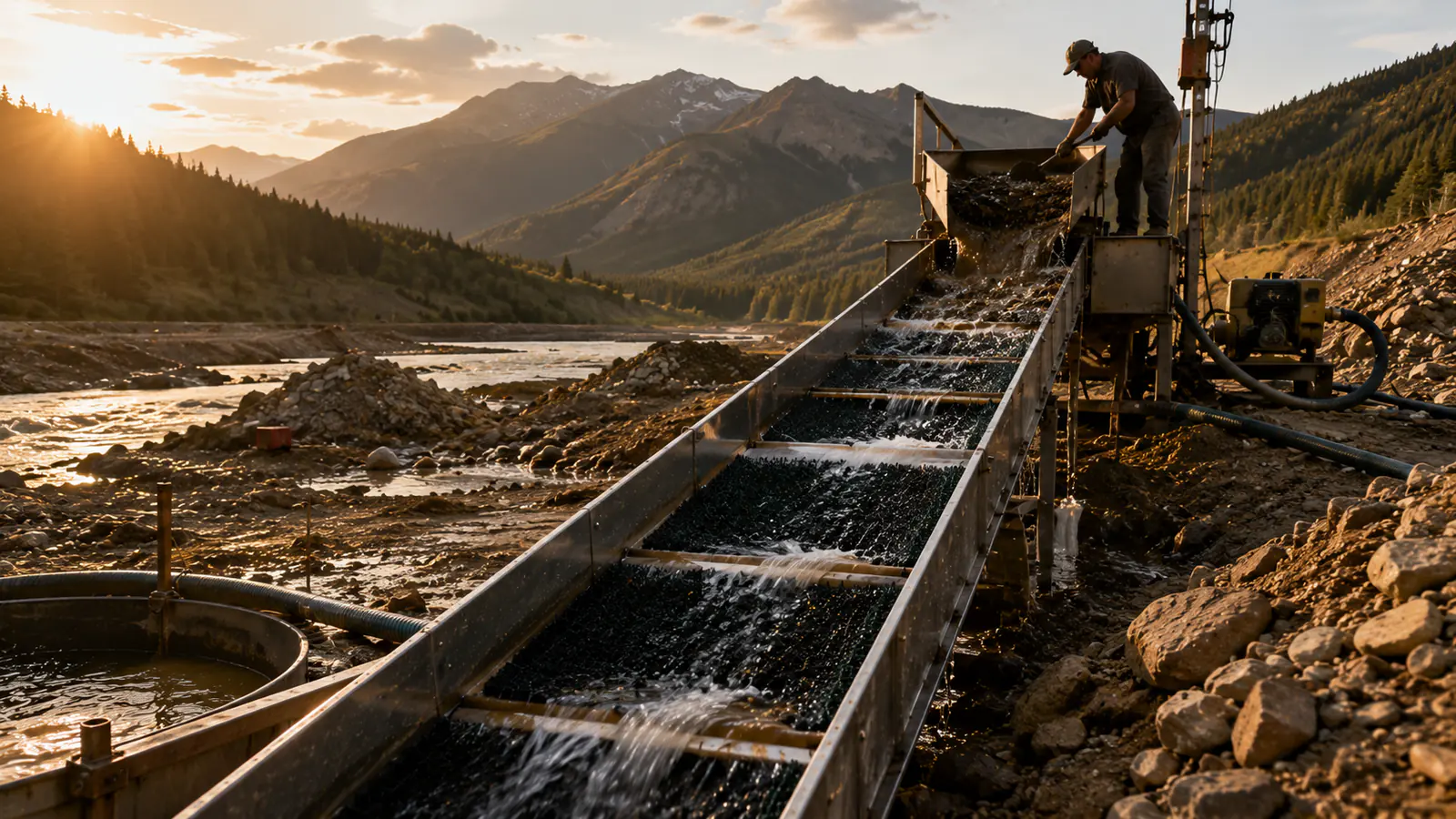 Gold recovery sluice operating beside a mountain stream with black sluice matting