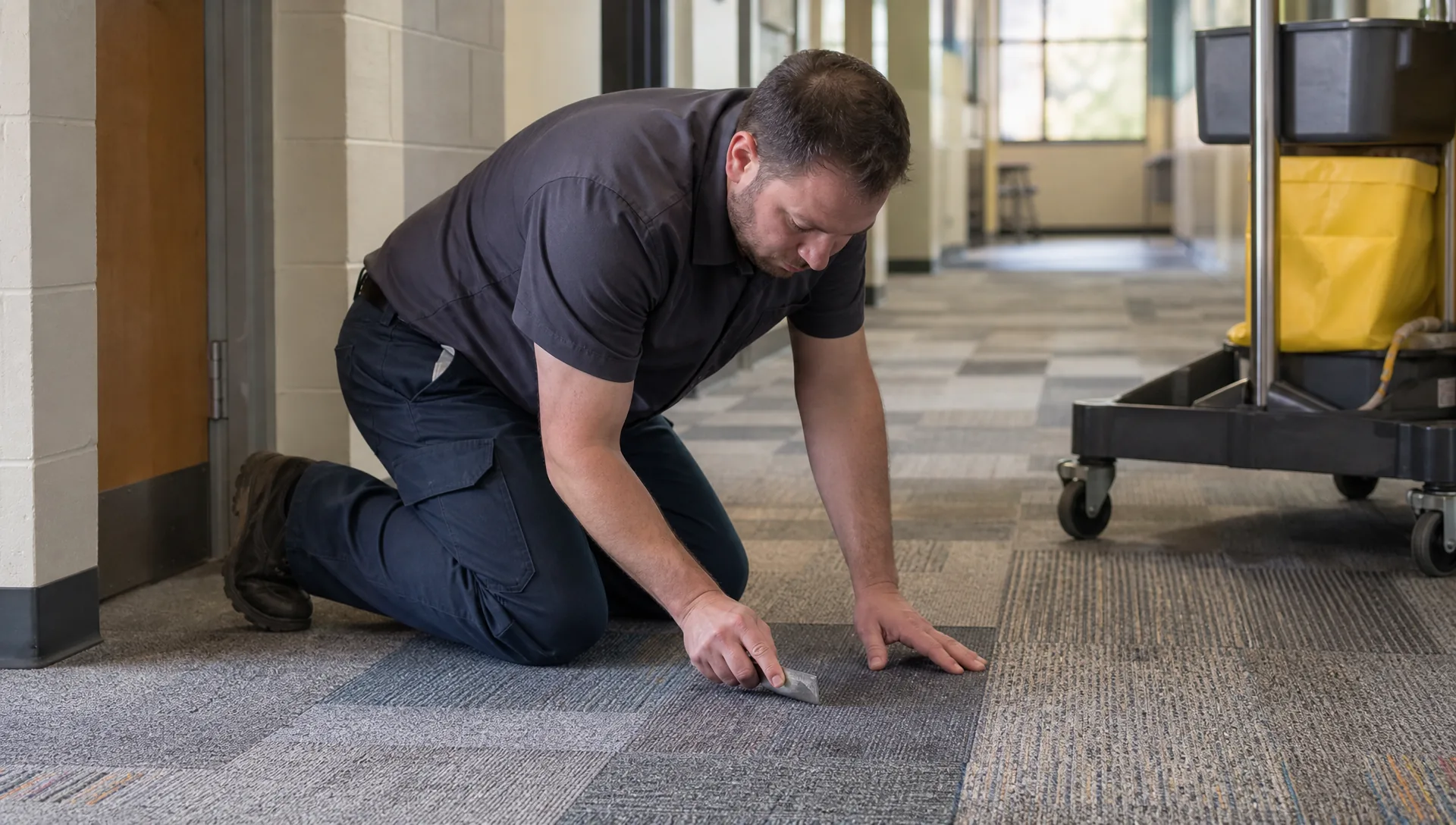 Facilities manager inspecting modular carpet tile condition in a school hallway