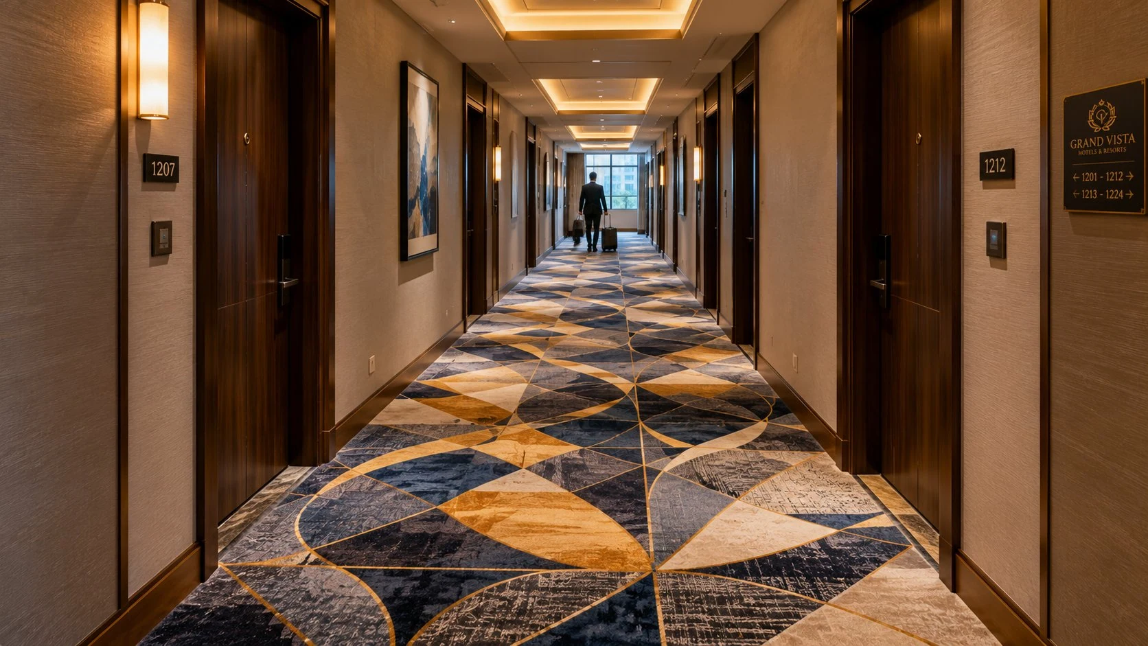 Luxury hotel corridor carpet coordinated with lobby design