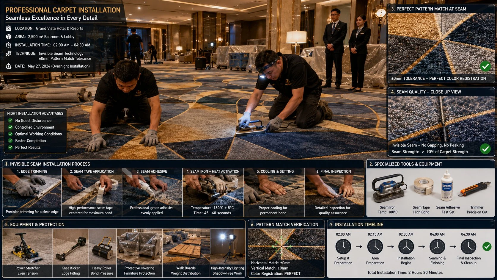 Night installation of hospitality broadloom carpet