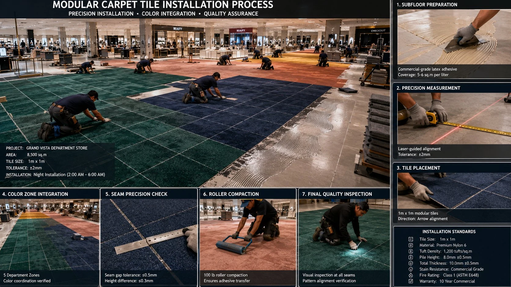 Modular tile installation for color-coded retail carpet program