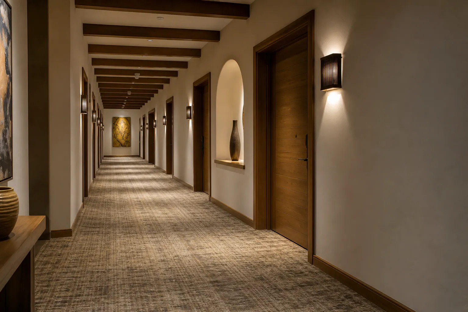 Mexico hotel corridor carpet with stain-hiding hospitality pattern