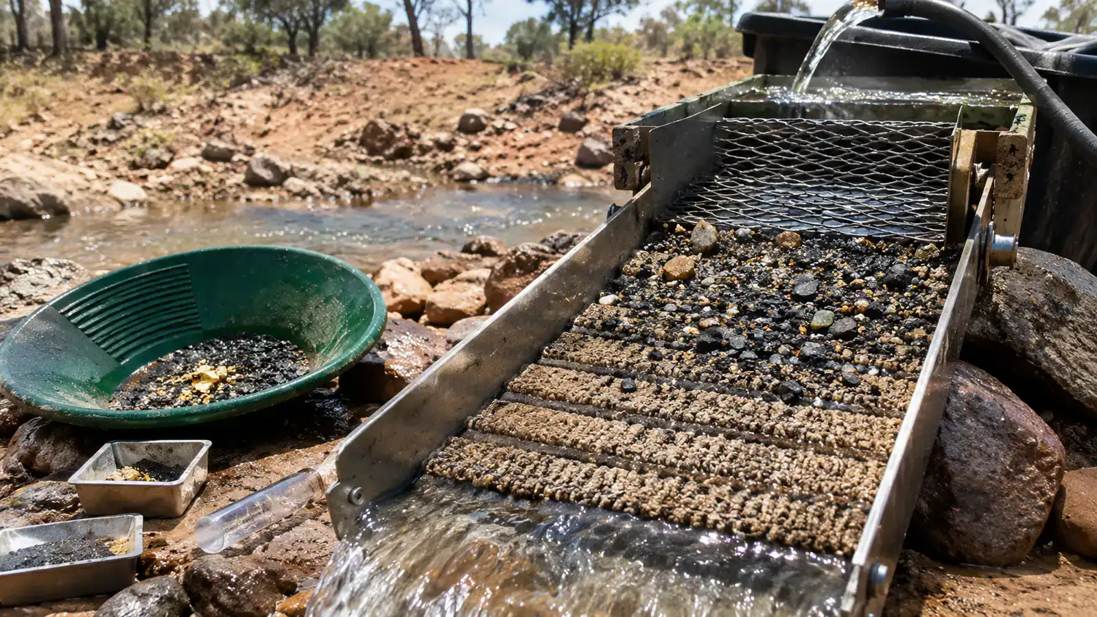 Gold sluice field setup with textured carpet mat, black sand, gravel and running water