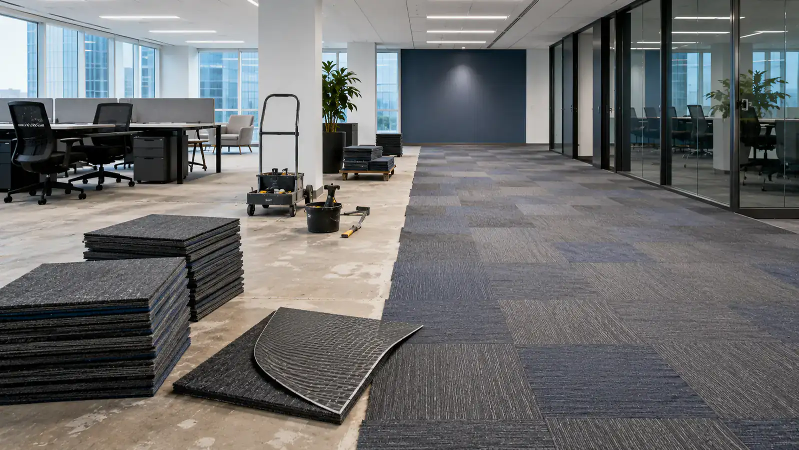 Canadian office renovation with phased commercial carpet tile installation and spare modular tiles