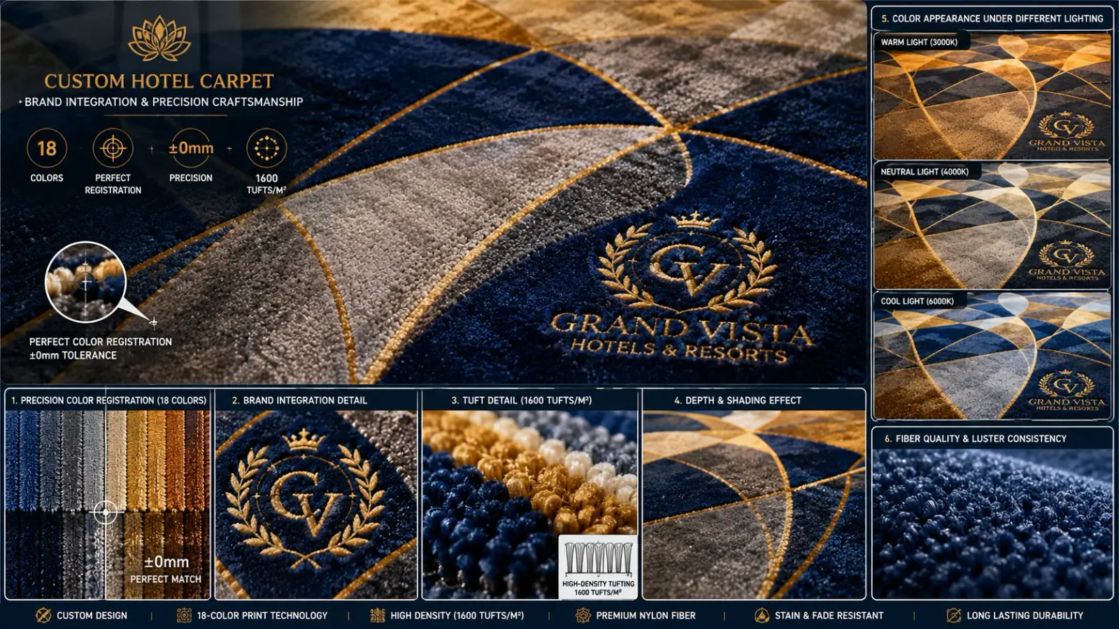 Detailed carpet design close-up with brand-integrated pattern