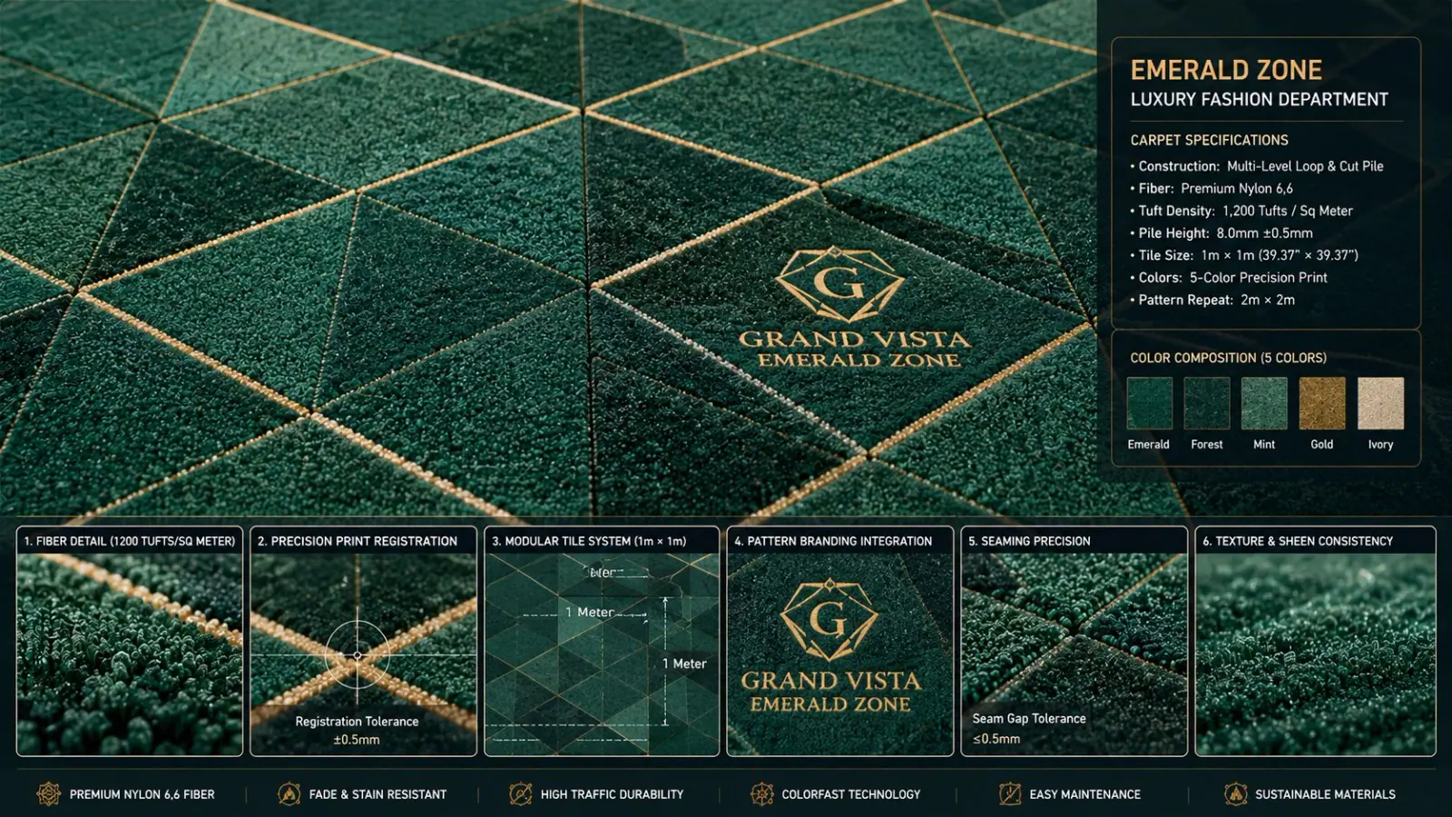 Detailed close-up of department carpet pattern and tile precision