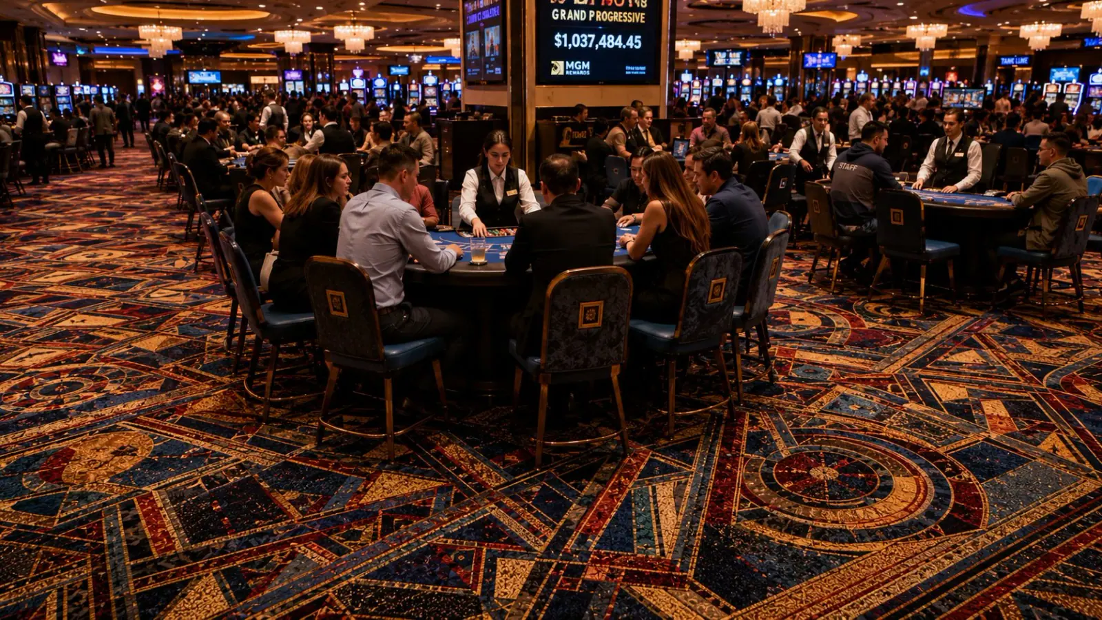 Casino customers interacting within patterned carpet environment