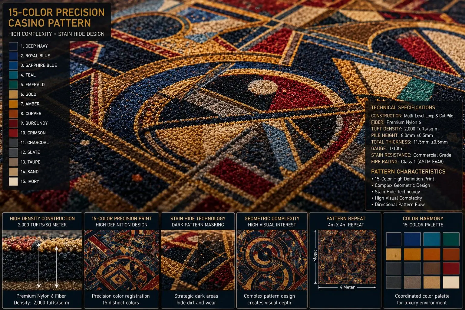 Detailed casino carpet pattern complexity close-up