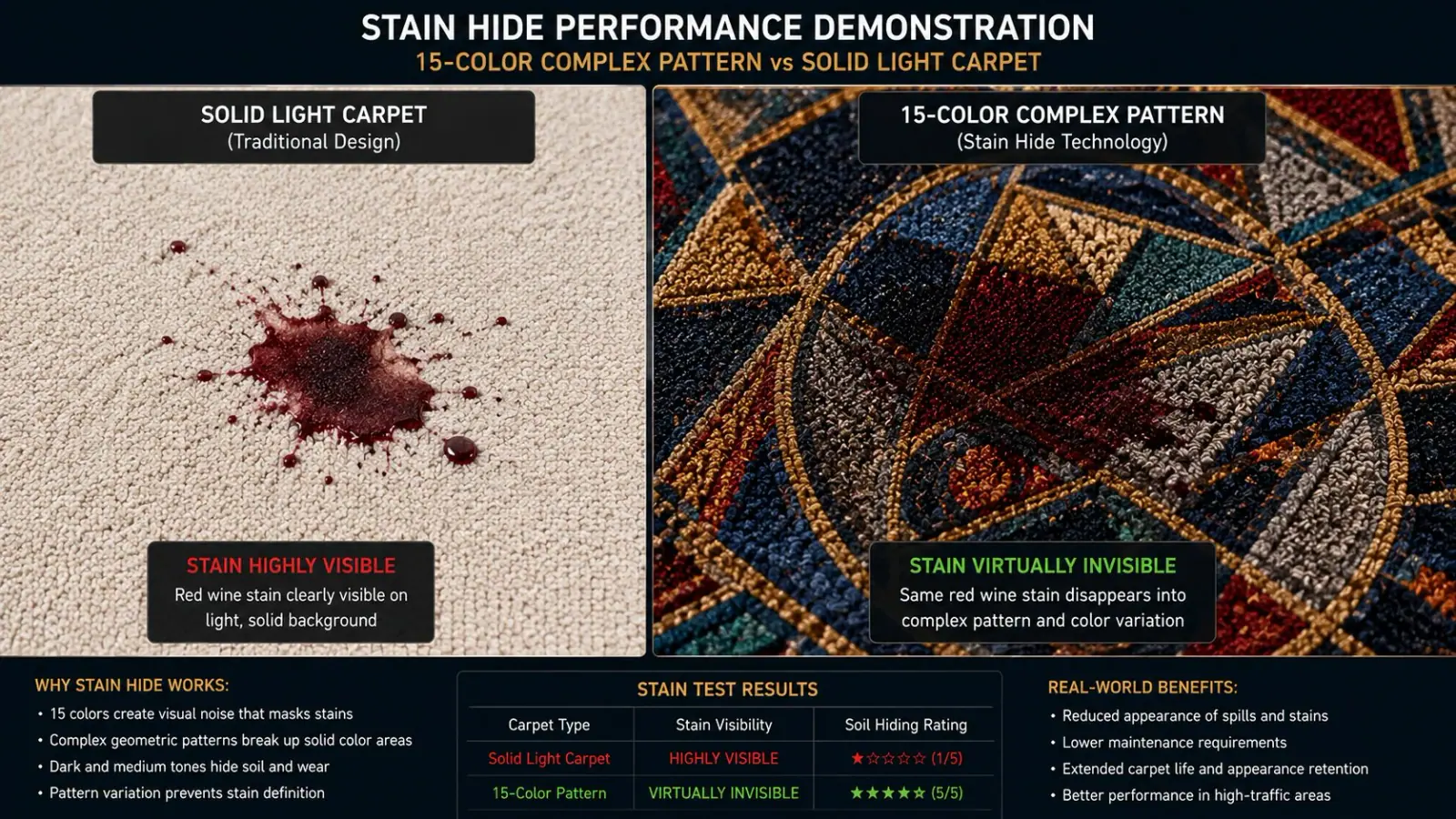 Comparison of stain visibility in complex casino carpet pattern