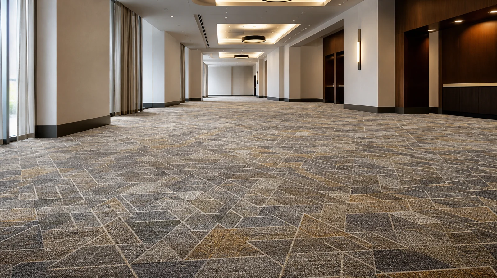 Illustrative hospitality interior with geometric patterned broadloom carpet