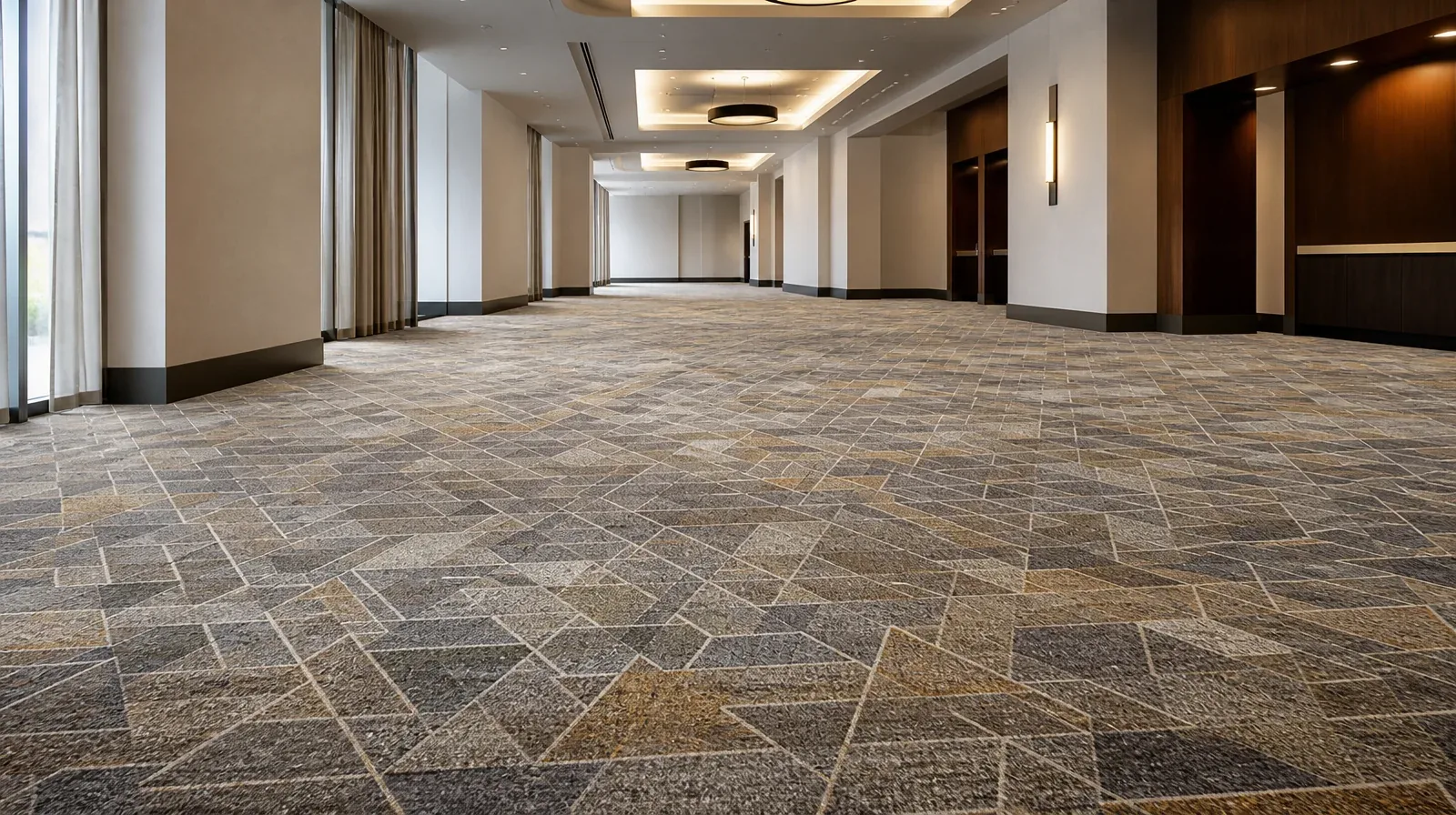 Illustrative hospitality interior with geometric patterned broadloom carpet